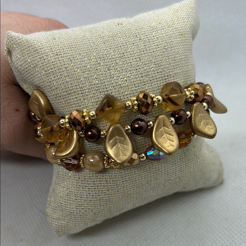 Swarovski crystal  multi-strand Elegant Gold and Brown Leaf Bracelet